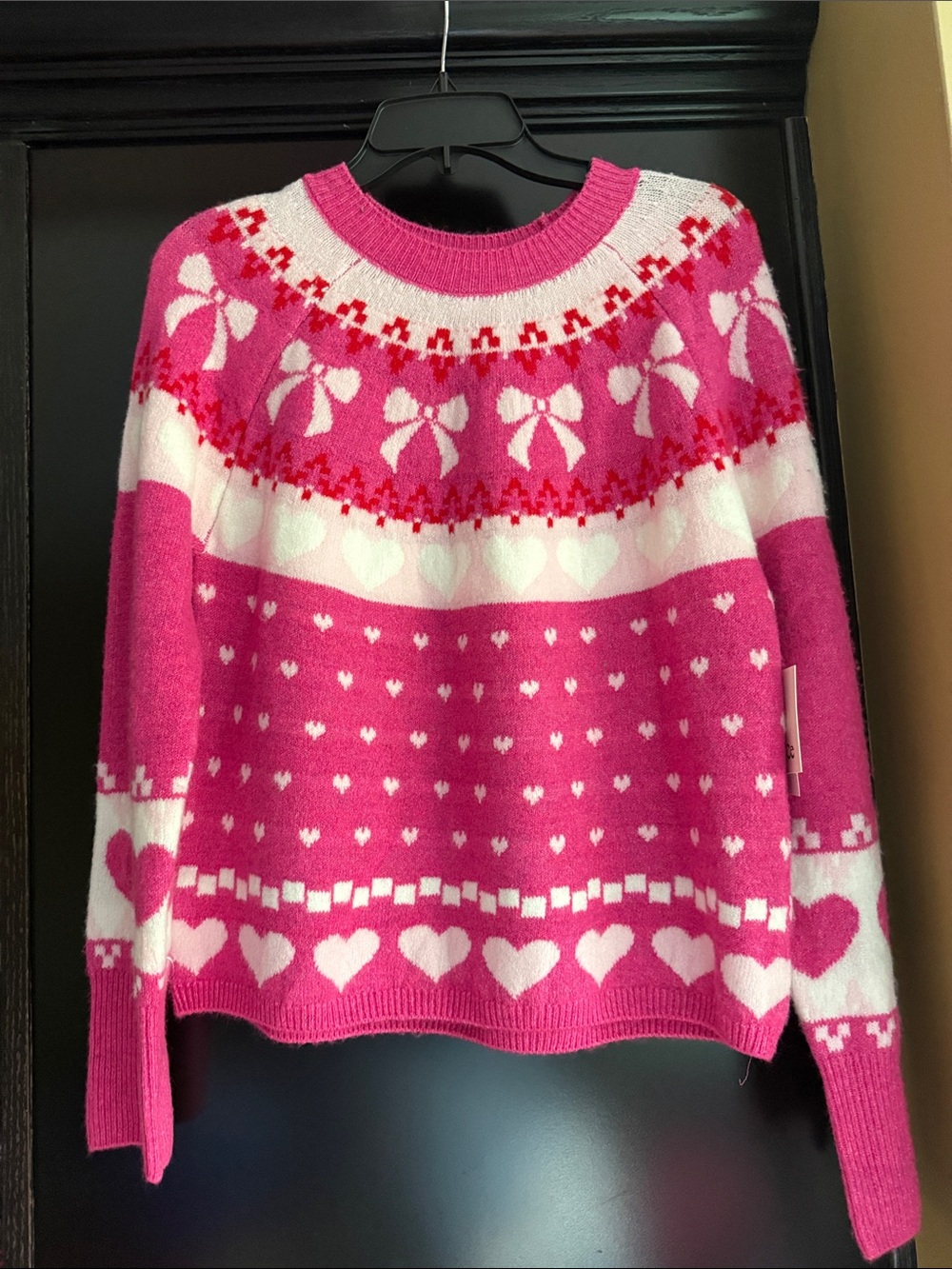 Cece Pink Heart & Bow Pattern Crewneck Sweater S